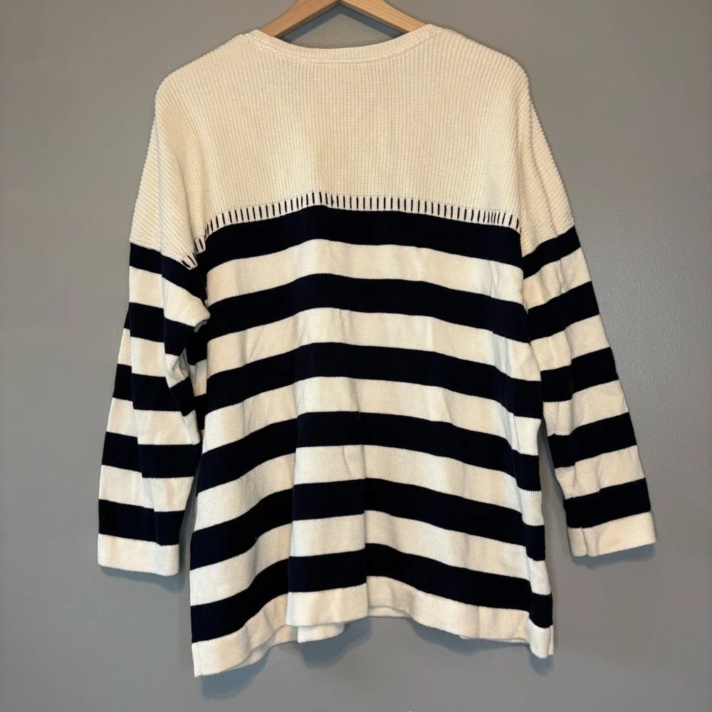 J Jill XL Knit Crew Neck Sweater White Navy Blue Stripe - Picture 3 of 5